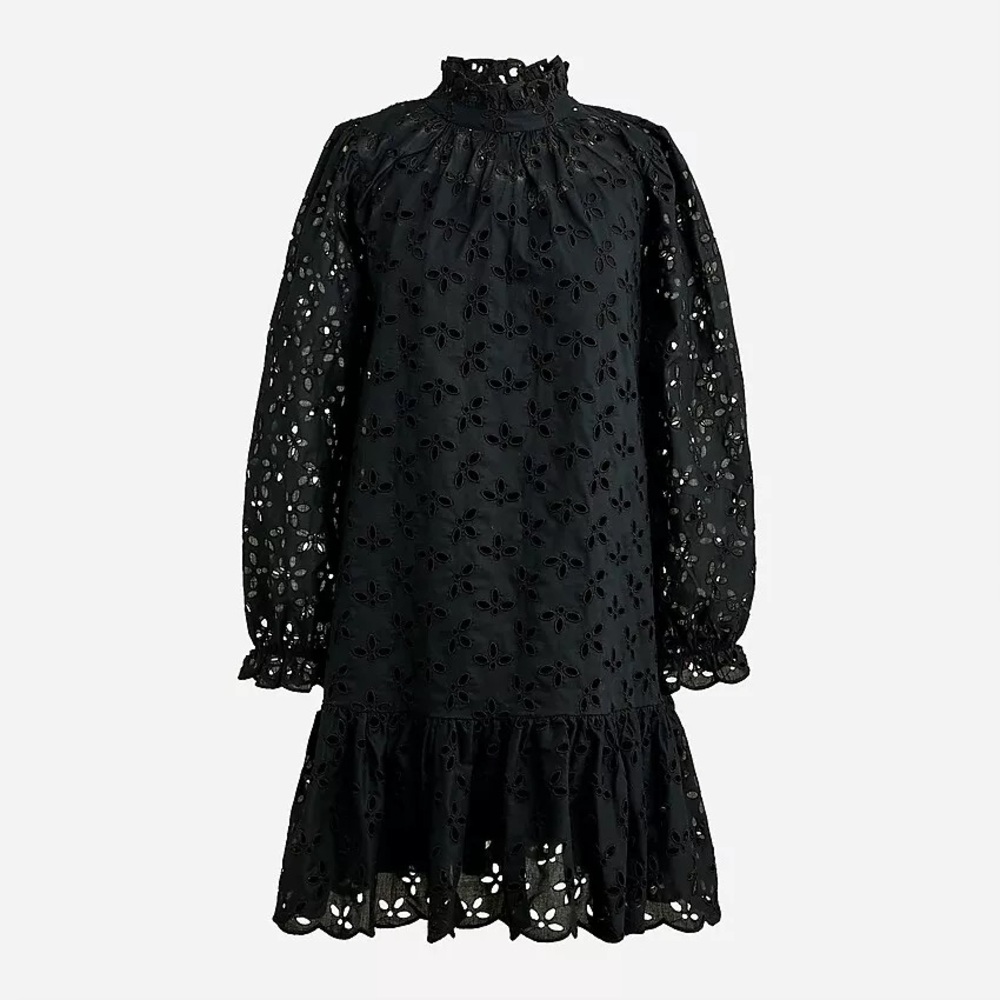J.Crew Ruffleneck Mini Dress Eyelet Black Size Extra Large TALL